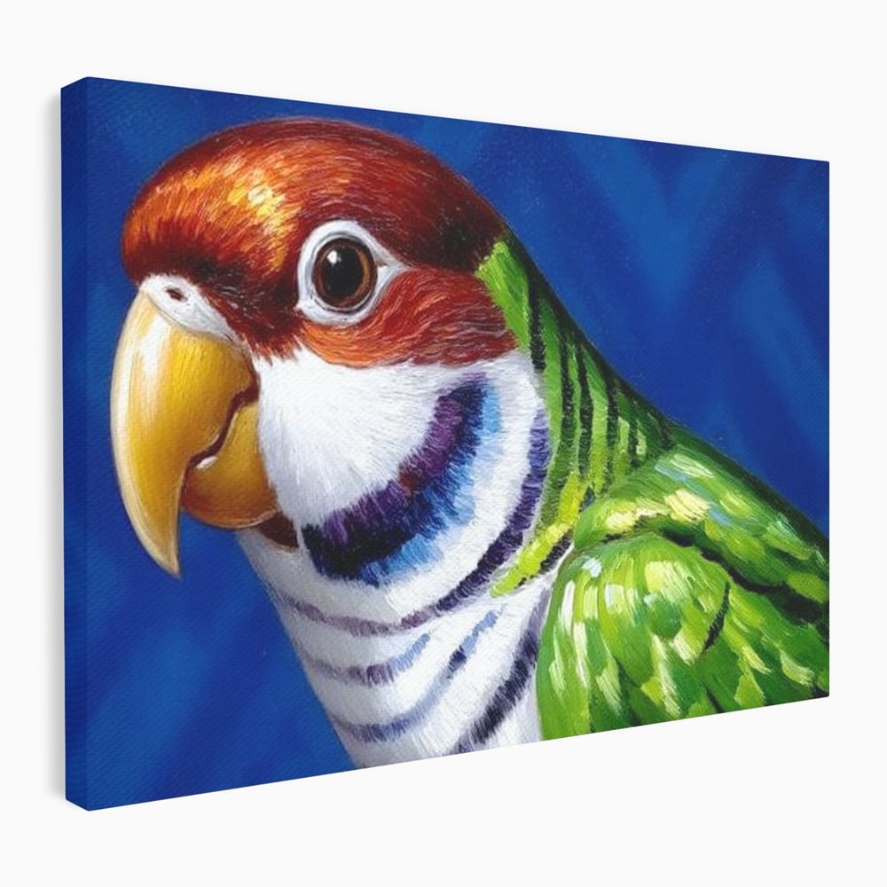 Tablou canvas cu pictura cu cap de papagal colorat, fara rama, pe sasiu de lemn